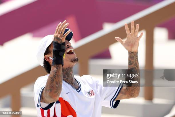 Nyjah Huston of Team USA reacts at the Skateboarding Men's Street Finals on day two of the Tokyo 2020 Olympic Games at Ariake Urban Sports Park on...