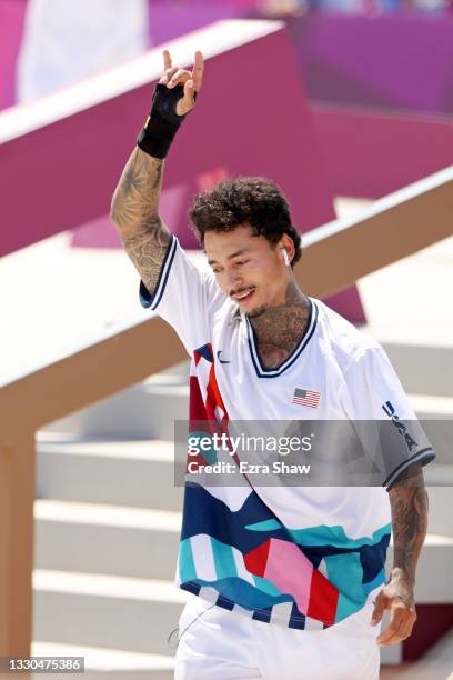 Nyjah Huston of Team USA reacts at the Skateboarding Men's Street Finals on day two of the Tokyo 2020 Olympic Games at Ariake Urban Sports Park on...