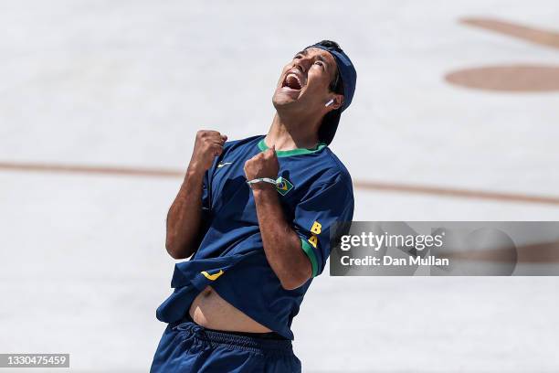 Kelvin Hoefler of Team Brazil reacts after winning the silver medal at the Skateboarding Men's Street Finals on day two of the Tokyo 2020 Olympic...