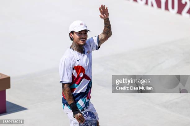 Nyjah Huston of Team USA reacts at the Skateboarding Men's Street Finals on day two of the Tokyo 2020 Olympic Games at Ariake Urban Sports Park on...