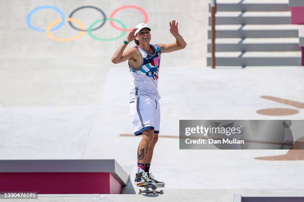 Jagger Eaton of Team USA reacts at the Skateboarding Men's Street Finals on day two of the Tokyo 2020 Olympic Games at Ariake Urban Sports Park on...