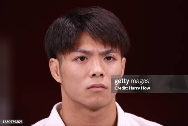 Hifumi Abe of Team Japan looks on prior to his match against Kilian le Blouch of Team France for the Men’s Judo 66kg Elimination Round 16 on day two...