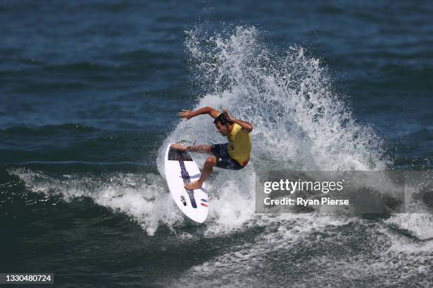 Jeremy Flores of Team France surfs during the Men's Round 2 heat on day two of the Tokyo 2020 Olympic Games at Tsurigasaki Surfing Beach on July 25,...