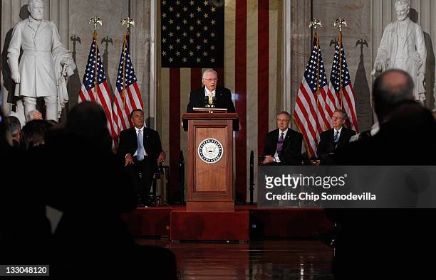 Apollo 11 Astronaut and the first man to walk on the moon, Neil Armstrong delivers remarks after being presented with the Congressional Gold Medal...