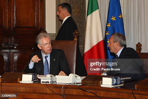 Prime Minister Designate Mario Monti and Under Secretary of State to the presidency of the Council of Ministers Antonio Catricala' attend the first...