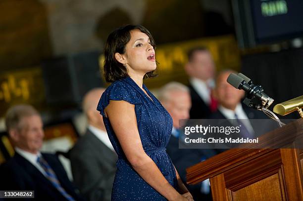 Singer Norah Jones sings "America the Beautiful" at a Congressional Gold Medal ceremony in the Rotunda of the U.S. Capitol. The medal is the highest...