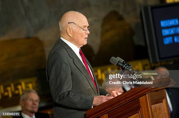 Astronaut and former Senator John Glenn speaks at a Congressional Gold Medal ceremony in the Rotunda of the U.S. Capitol. The medal is the highest...