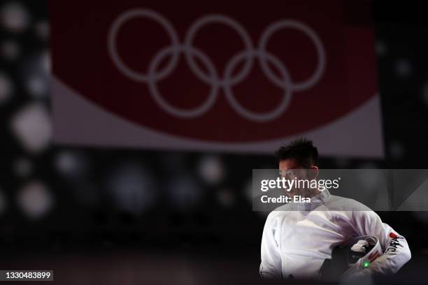 Kazuyasu Minobe of Team Japan looks on in his bout against Jakub Jurka of Team Czech Republic in Men's Individual Épée second round on day two of the...