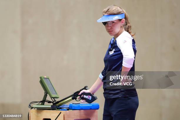 Vitalina Batsarashkina of Russia reacts in the 10m Air Pistol Women's Final on day two of the Tokyo 2020 Olympic Games at the Asaka Shooting Range on...