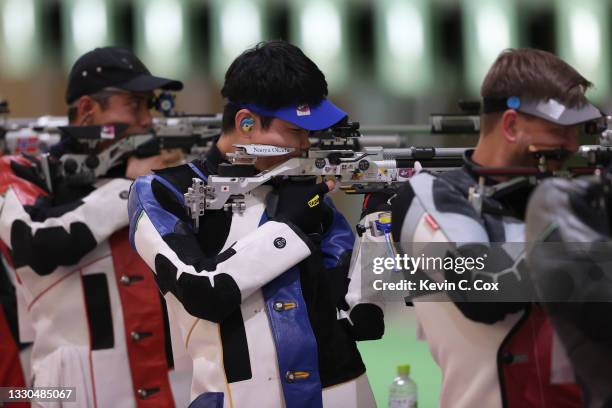 Naoya Okada of Team Japan during the 10m Air Rifle Men's event on day two of the Tokyo 2020 Olympic Games at Asaka Shooting Range on July 25, 2021 in...
