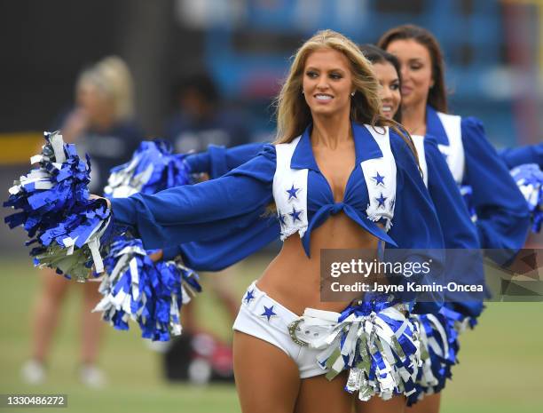 Dallas Cowboys cheerleaders for fans during the official opening day of training camp at River Ridge Complex on July 24, 2021 in Oxnard, California.