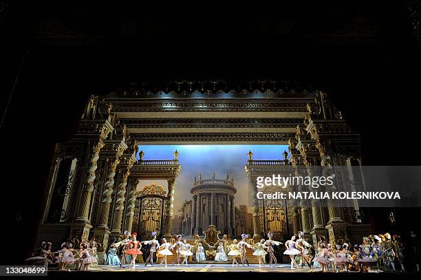 The Bolshoi ballet dancers perform during a rehearsal for a new production of Tchaikovsky's "The Sleeping Beauty" by Russian choreographer Yuri...