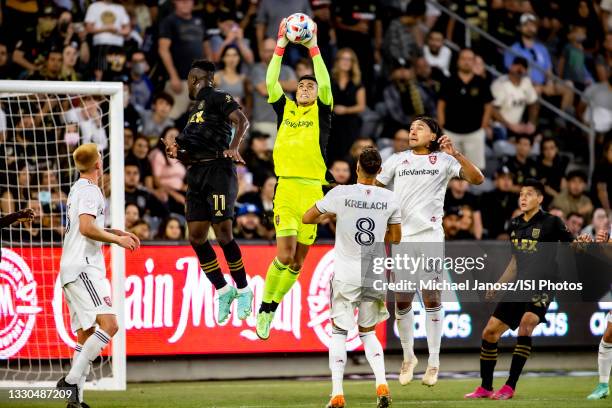 Goal Keeper David Ochoa of Real Salt Lake makes a save during a game between Real Salt Lake and Los Angeles FC at Banc of California Stadium on July...