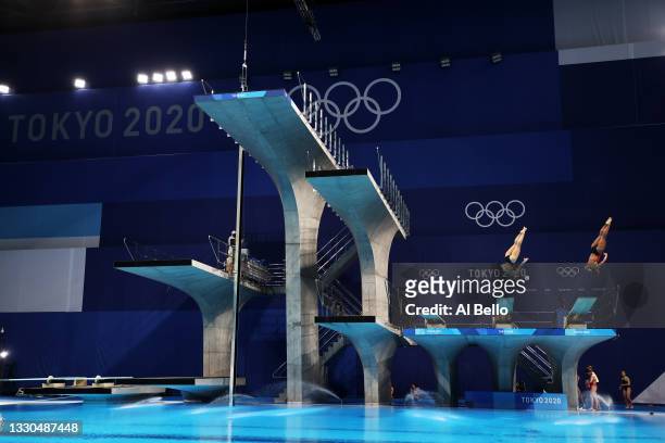 Jennifer Abel and Melissa Citrini Beaulieu of Team Canada compete during Women's 3m Springboard Finals on day two of the Tokyo 2020 Olympic Games at...