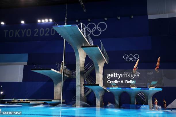 Jennifer Abel and Melissa Citrini Beaulieu of Team Canada compete during Women's 3m Springboard Finals on day two of the Tokyo 2020 Olympic Games at...