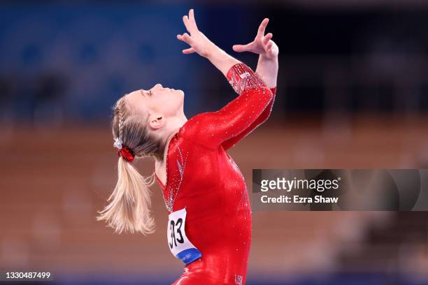 Jade Carey of Team United States competes in the floor exercise during Women's Qualification on day two of the Tokyo 2020 Olympic Games at Ariake...
