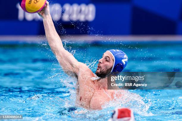 Konstantinos Genidounias of Greece during the Tokyo 2020 Olympic Waterpolo Tournament Men match between Team Hungary and Team Greece at Tatsumi...