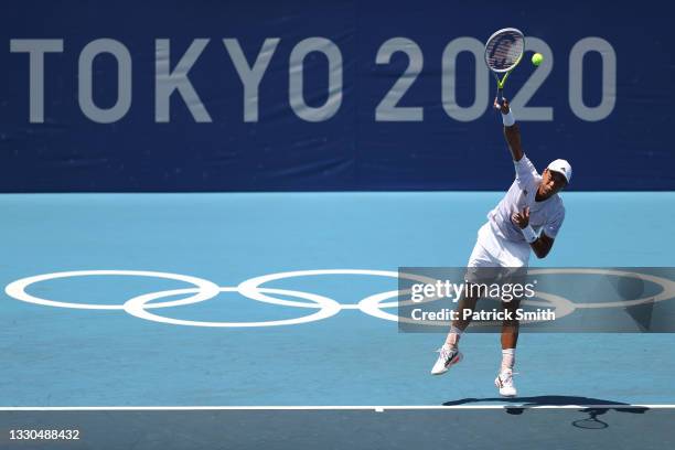 Yen-Hsun Lu of Team Chinese Taipei serves during his Men's Singles First Round match against Alexander Zverev of Team Germany on day two of the Tokyo...