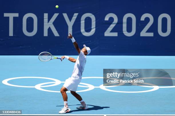 Yen-Hsun Lu of Team Chinese Taipei serves during his Men's Singles First Round match against Alexander Zverev of Team Germany on day two of the Tokyo...