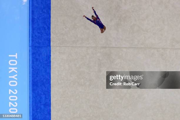 Simone Biles of Team United States competes in the floor exercise during Women's Qualification on day two of the Tokyo 2020 Olympic Games at Ariake...