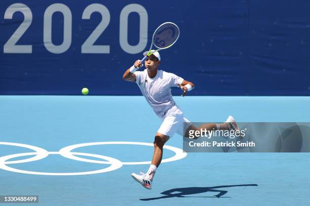 Yen-Hsun Lu of Team Chinese Taipei plays a forehand during his Men's Singles First Round match against Alexander Zverev of Team Germany on day two of...