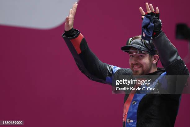 Lucas Kozeniesky of Team United States is eliminated during the 10m Air Rifle Men's event event on day two of the Tokyo 2020 Olympic Games at Asaka...