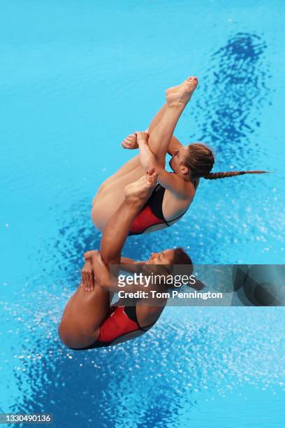 Jennifer Abel and Melissa Citrini Beaulieu of Team Canada compete during Women's 3m Springboard Finals on day two of the Tokyo 2020 Olympic Games at...