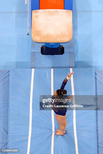 Sunisa Lee of Team United States competes on vault during Women's Qualification on day two of the Tokyo 2020 Olympic Games at Ariake Gymnastics...