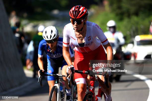 Anna Plichta of Team Poland in the breakaway during the Women's road race on day two of the Tokyo 2020 Olympic Games at Fuji International Speedway...