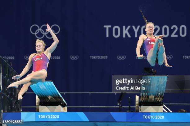 Alison Gibson and Krysta Palmer of Team United States compete during Women's 3m Springboard Finals on day two of the Tokyo 2020 Olympic Games at...