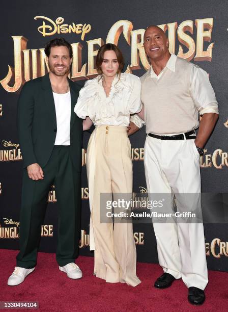 Édgar Ramírez, Emily Blunt and Dwayne Johnson attend the World Premiere of Disney's "Jungle Cruise" at Disneyland on July 24, 2021 in Anaheim,...