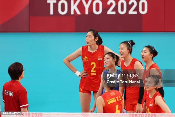 Team China looks on prior to the match against Team Turkey during the Women's Preliminary - Pool B on day two of the Tokyo 2020 Olympic Games at...