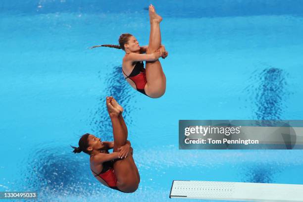 Jennifer Abel and Melissa Citrini Beaulieu of Team Canada compete during Women's 3m Springboard Finals on day two of the Tokyo 2020 Olympic Games at...