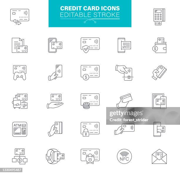 credit card icons editable stroke. contains icons as paper currency, nfc , coins, atm, piggy bank - 信用卡購物 幅插畫檔、美工圖案、卡通及圖標