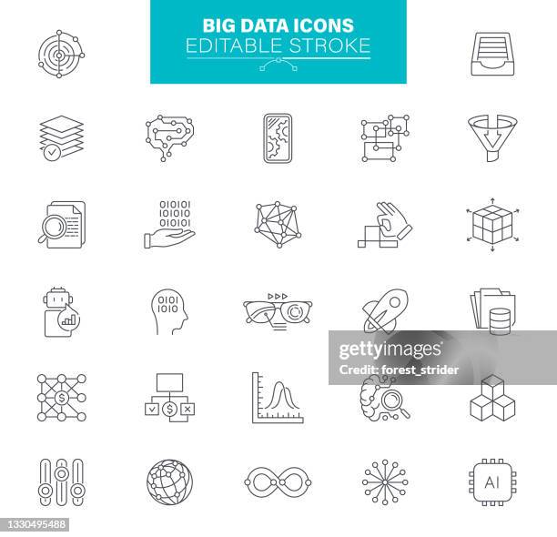 big data icons editable stroke. contains icons as cloud computing, machine learning, security system - 深度學習 幅插畫檔、美工圖案、卡通及圖標