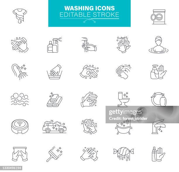 illustrations, cliparts, dessins animés et icônes de lavage des icônes trait modifiable. contient des icônes telles que nettoyage, lavage des mains, salle de bain, hygiène - station de lavage auto