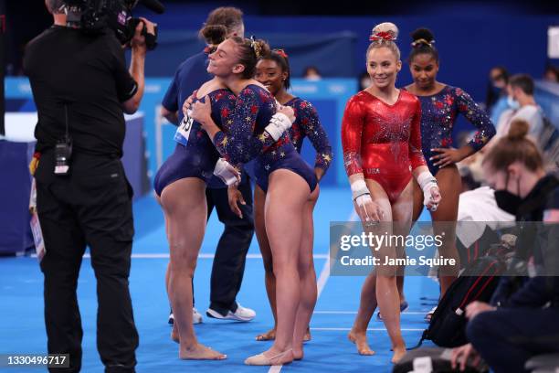 Sunisa Lee and Grace McCallum of Team United States hug during Women's Qualification on day two of the Tokyo 2020 Olympic Games at Ariake Gymnastics...