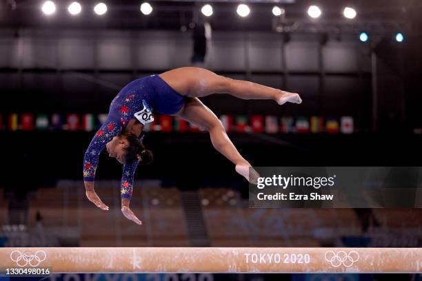 Jordan Chiles of Team United States competes on balance beam during Women's Qualification on day two of the Tokyo 2020 Olympic Games at Ariake...