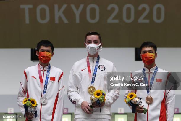 Silver Medalist Lihao Sheng of Team China, Gold Medalist William Shaner of Team United States, and Bronze Medalist Haoran Yang of Team China on the...