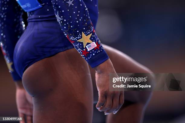 Uniform detail of the American flag on Simone Biles of Team United States during Women's Qualification on day two of the Tokyo 2020 Olympic Games at...