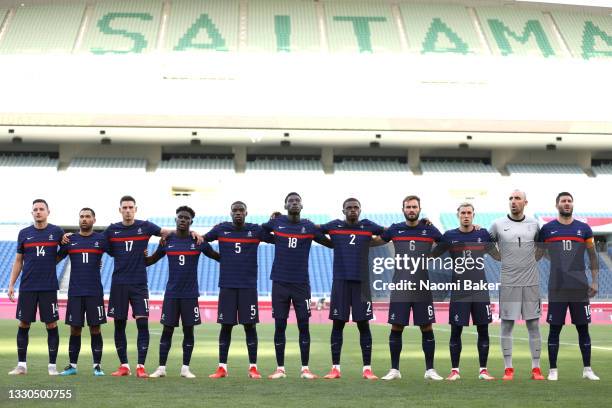 Players of Team France stand for the national anthem prior to the Men's First Round Group A match between France and South Africa on day two of the...