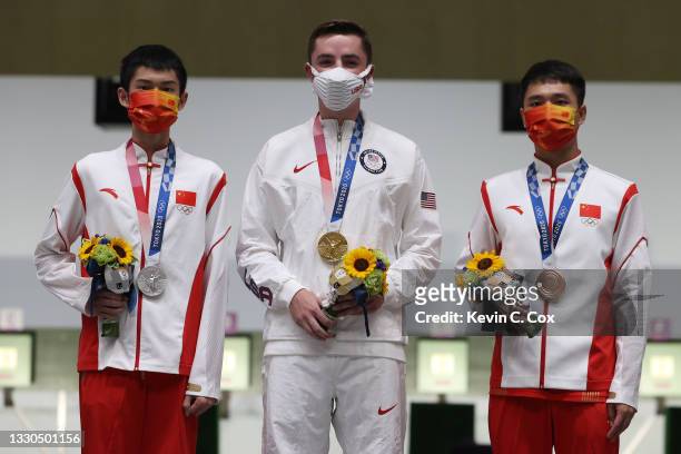 Silver Medalist Lihao Sheng of Team China, Gold Medalist William Shaner of Team United States, and Bronze Medalist Haoran Yang of Team China on the...