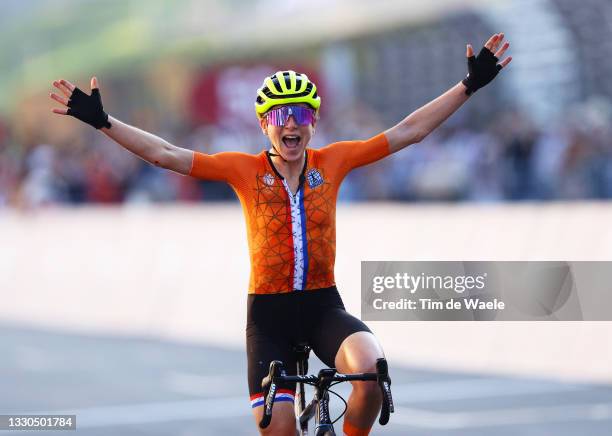 Annemiek van Vleuten of Team Netherlands celebrates winning the silver medal during the Women's road race on day two of the Tokyo 2020 Olympic Games...