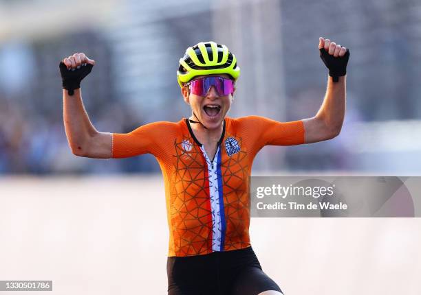 Annemiek van Vleuten of Team Netherlands celebrates winning the silver medal during the Women's road race on day two of the Tokyo 2020 Olympic Games...