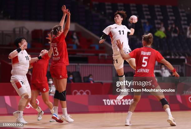 Ryu Eun Hee of Team South Korea shoots at goal during the Women's Preliminary Round Group A match between Norway and South Korea on day two of the...