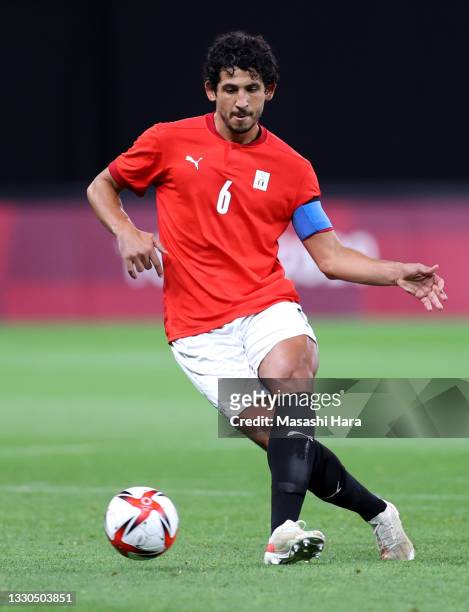 Ahmed Hegazy of Team Egypt passes the ball during the Men's First Round Group C match between Egypt and Argentina on day two of the Tokyo 2020...