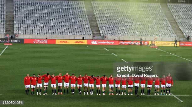 The British & Irish Lions line up for the anthems during the 1st Test match between the South Africa Springboks and the British & Irish Lions at Cape...