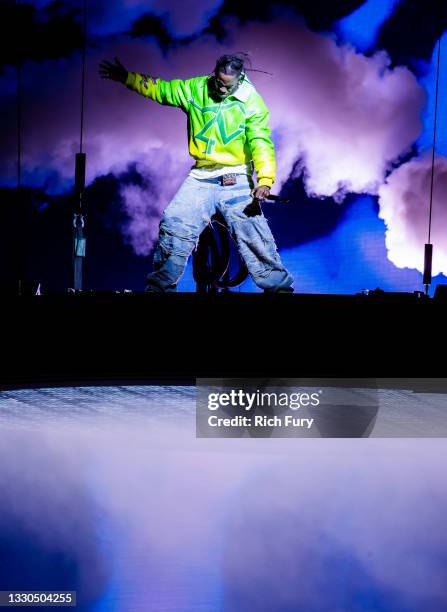 Travis Scott performs on stage during Rolling Loud at Hard Rock Stadium on July 24, 2021 in Miami Gardens, Florida.