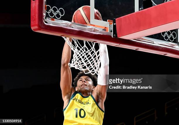 Matisse Thybulle of Australia slam dunks during the preliminary rounds of the Men's Basketball match between Australia and Nigeria on day two of the...