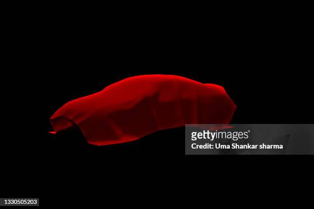 red cloth covering an invisible car shown against a black background. it's a computer generated image. - coprire foto e immagini stock